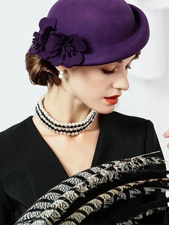 Women's Wool Felt Ribbon French Fashion Vintage Millinery Beret Hats Purple 1 - Picture 4 of 5